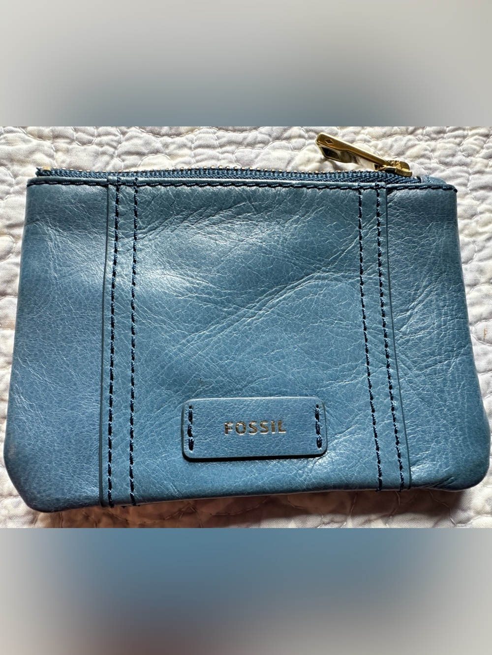 Fossil Blue Leather Zip Card Holder